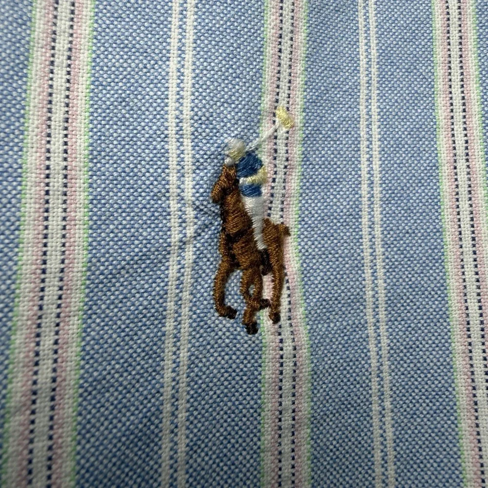 Polo Ralph Lauren Mens XL Slim Fit Oxford Shirt Blue Stripe Flesh Pony Preppy